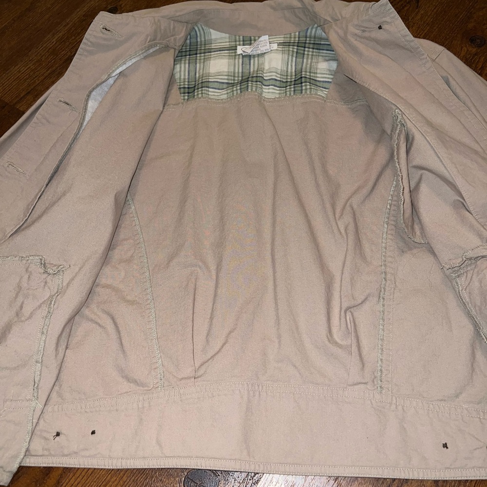 Cherokee Khaki Tan Button Up Long Sleeve Utility Jacket  Y2K Plaid Lining Size S - Picture 10 of 12